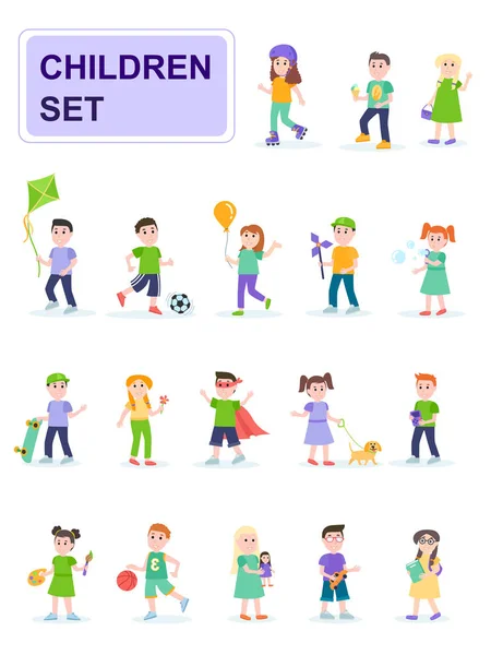 Set of children in different poses and different activities. Kids playing ball, rollerblading, painting. Cartoon characters isolated on white background. Flat vector illustration. — Stock Vector