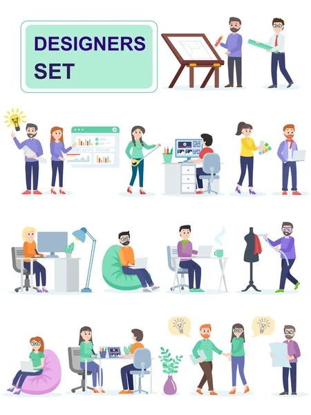 テーブルに座っているクリエイティブな人々 と空間をコワーキングのセットです。デザイナーは、発明し、創造的な製品デザインを開発します。漫画のキャラクターは、白い背景で隔離。フラットのベクトル図. — ストックベクタ