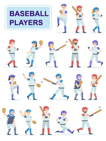 Beyzbol oyuncuları klasik üniformaya ayarlayın. Erkekler ve kızlar beyzbol hizmet oynamak ve bir topu yendi. Çizgi film karakterleri beyaz arka plan üzerinde izole. Düz vektör çizim. — Stok Vektör