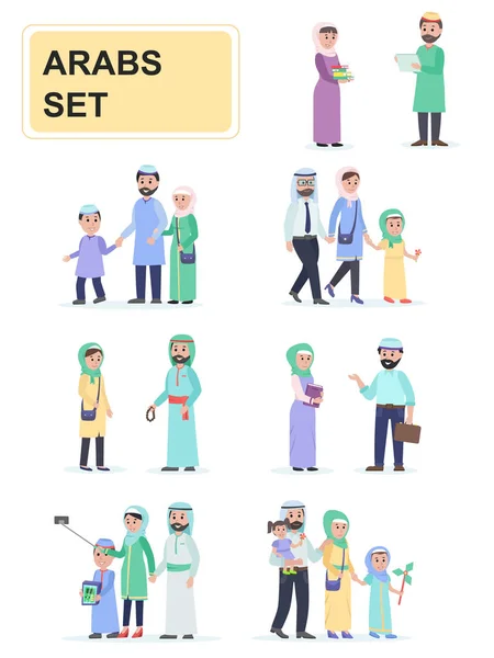 Set van Arabieren in nationale klederdracht. Mannen en vrouwen traditionele gezin van de Arabieren. Stripfiguren geïsoleerd op een witte achtergrond. Platte vectorillustratie. — Stockvector