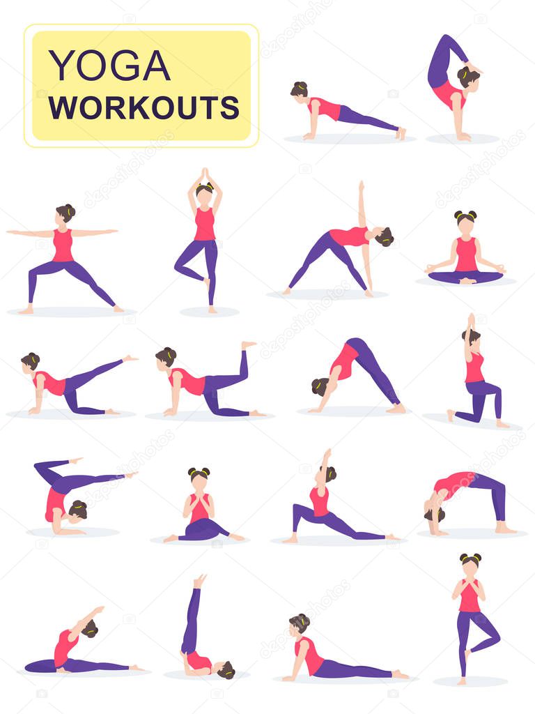 Set of young woman performing physical exercises. Girl does therapeutic yoga in various poses on a sports mat. Cartoon characters isolated on white background. Flat vector illustration.
