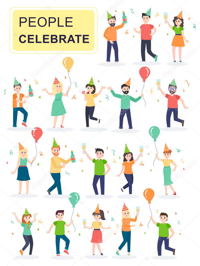 Set of young joyful laughing people jumping with raised hands. Girls and boys in holiday hats celebrate their birthday. Cartoon characters isolated on white background. Flat vector illustration.