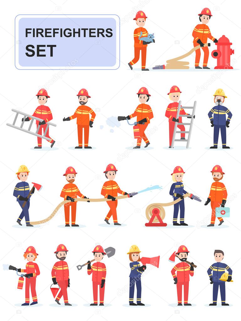 Set of firefighters doing their job. Male firefighters who put out fires, save people, help. Cartoon characters isolated on white background. Flat vector illustration.
