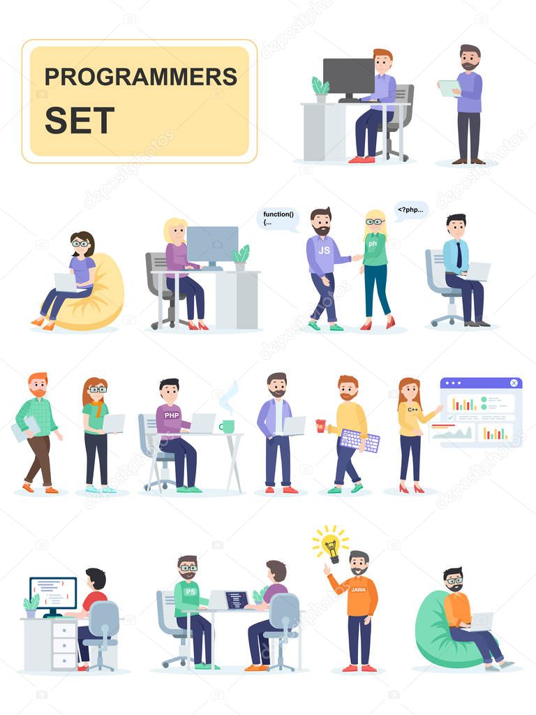 Set of programmers developing custom programs. Programmer, coder, web developer or software engineer. Cartoon characters isolated on white background. Flat vector illustration.
