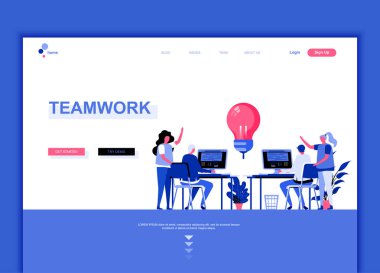 Modern düz web sayfa tasarım şablonu ekip çalışması kavramı insanların karakter Web sitesi ve mobil web sitesi geliştirme için dekore edilmiştir. Düz açılış sayfası şablonu. Vektör çizim.