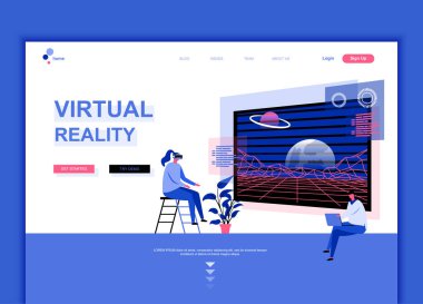 Modern düz web sayfası tasarım şablonu kavramı sanal Augmented Reality insanlar karakter Web sitesi ve mobil web sitesi geliştirme için dekore edilmiştir. Düz açılış sayfası şablonu. Vektör çizim.