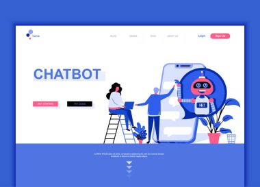 Chat Bot ve pazarlama modern düz web sayfa tasarım şablonu kavramı insanların karakter Web sitesi ve mobil web sitesi geliştirme için dekore edilmiştir. Düz açılış sayfası şablonu. Vektör çizim.
