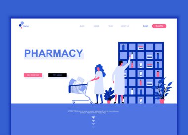 Eczacı eczane modern düz web sayfa tasarım şablonu kavramı insanların karakter Web sitesi ve mobil web sitesi geliştirme için dekore edilmiştir. Düz açılış sayfası şablonu. Vektör çizim.