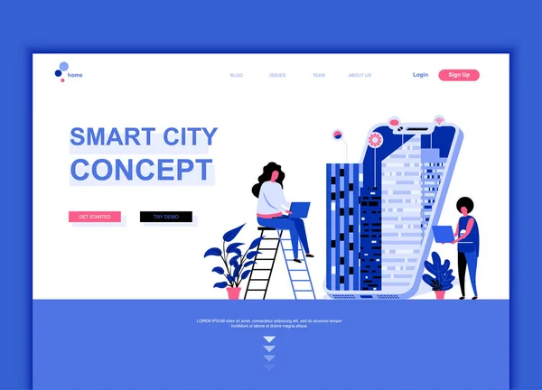 Moderna platt webbsida design mall begreppet Smart City teknik inredda personer karaktär för hemsida och mobila webbsida utveckling. Platt landning sida mallen. Vektorillustration. — Stock vektor
