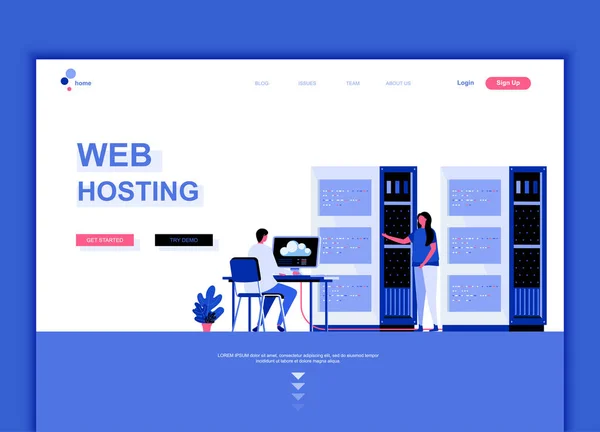 Modern düz web sayfası tasarım şablonu kavramı Web Hosting Web sitesi ve mobil web sitesi geliştirme için insan karakterinin dekore edilmiştir. Düz açılış sayfası şablonu. Vektör çizim. — Stok Vektör