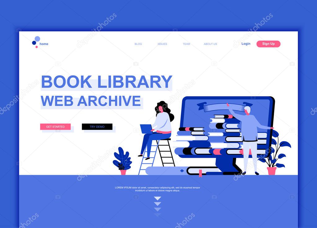 Modern flat web page design template concept of Book Library decorated people character for website and mobile website development. Flat landing page template. Vector illustration.