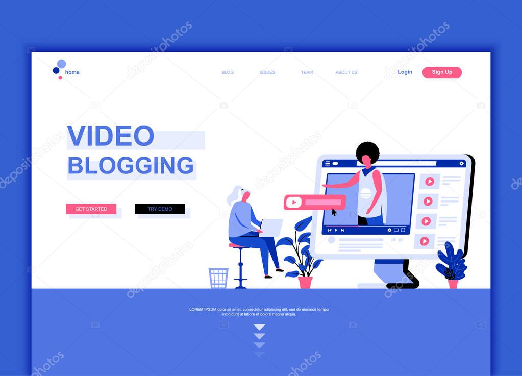 Modern flat web page design template concept of Video Blogging decorated people character for website and mobile website development. Flat landing page template. Vector illustration.