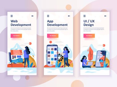 Onboarding kümesi Web ve uygulama geliştirme, UI tasarım, mobil app şablonlar kavramı için kullanıcı arabirimi seti ekranlar. Modern Ux, UI ekran telefon veya duyarlı web sitesi için. Vektör çizim.