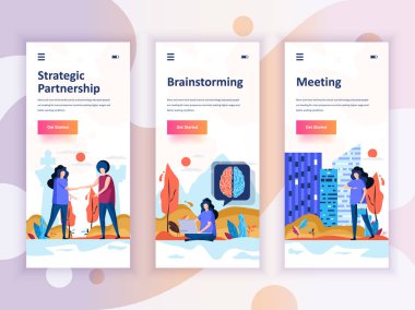 Ortaklık, beyin fırtınası, Toplantı, telefon app şablonlar kavramı için onboarding ekranlar Kullanıcı arabirimi seti dizi. Modern Ux, UI ekran telefon veya duyarlı web sitesi için. Vektör çizim.