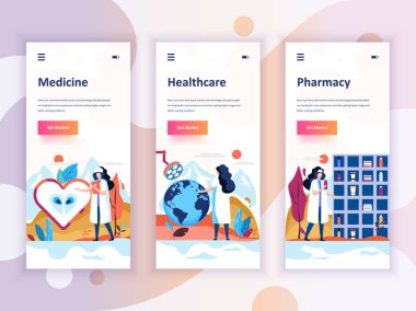 Tıp, sağlık, eczane, mobil app şablonlar kavramı için onboarding ekranlar Kullanıcı arabirimi seti dizi. Modern Ux, UI ekran telefon veya duyarlı web sitesi için. Vektör çizim.