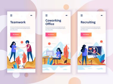 Onboarding ekranlar Kullanıcı arabirimi seti dizi ekip çalışması, Coworking ofis, işe alma, mobil app şablonlar kavramı için. Modern Ux, UI ekran telefon veya duyarlı web sitesi için. Vektör çizim.