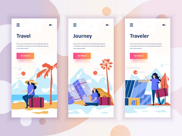 Conjunto de telas de onboarding kit de interface de usuário para Viagens, Jornada, Viajante, conceito de modelos de aplicativos móveis. UX moderno, tela UI para celular ou web site responsivo. Ilustração vetorial . —  Vetores de Stock