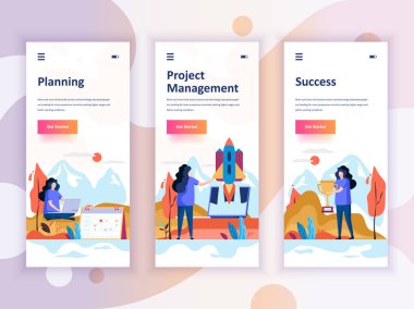 Onboarding ekranlar Kullanıcı arabirimi kiti kümesi planlama, başlangıç, başarı, mobil app şablonlar kavramı için. Modern Ux, UI ekran telefon veya duyarlı web sitesi için. Vektör çizim.