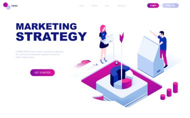 Modern düz tasarım pazarlama stratejisi izometrik kavramı insanların karakter Web sitesi ve mobil web sitesi geliştirme için dekore edilmiş. İzometrik açılış sayfası şablonu. Vektör çizim.