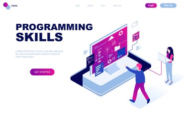 Modern düz tasarım programlama becerileri izometrik kavramı insanların karakter Web sitesi ve mobil web sitesi geliştirme için dekore edilmiştir. İzometrik açılış sayfası şablonu. Vektör çizim.
