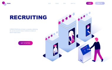 İşe alma modern düz tasarım izometrik kavramı insanların karakter Web sitesi ve mobil web sitesi geliştirme için dekore edilmiş. İzometrik açılış sayfası şablonu. Vektör çizim.