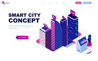 Modern düz tasarım Smart City teknolojisi izometrik kavramı insanların karakter Web sitesi ve mobil web sitesi geliştirme için dekore edilmiştir. İzometrik açılış sayfası şablonu. Vektör çizim.