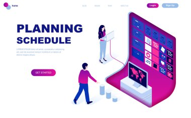 Modern düz izometrik tasarım planlama çizelgesinin insanlar karakter Web sitesi ve mobil web sitesi geliştirme için dekore edilmiştir. İzometrik açılış sayfası şablonu. Vektör çizim.