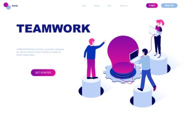 Modern düz tasarım izometrik ekip çalışması kavramı insanların karakter Web sitesi ve mobil web sitesi geliştirme için dekore edilmiştir. İzometrik açılış sayfası şablonu. Vektör çizim.