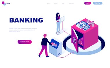 Modern düz izometrik Tasarım Online bankacılık insanlar karakter Web sitesi ve mobil web sitesi geliştirme için dekore edilmiştir. İzometrik açılış sayfası şablonu. Vektör çizim.