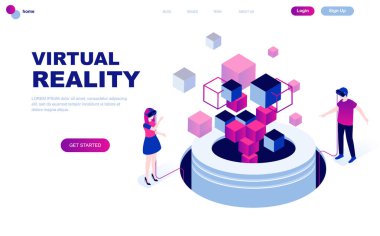 Modern düz tasarım izometrik kavramı sanal Augmented Reality insanlar karakter Web sitesi ve mobil web sitesi geliştirme için dekore edilmiştir. İzometrik açılış sayfası şablonu. Vektör çizim.