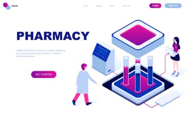 Eczacı eczane modern düz tasarım izometrik kavramı insanların karakter Web sitesi ve mobil web sitesi geliştirme için dekore edilmiştir. İzometrik açılış sayfası şablonu. Vektör çizim.