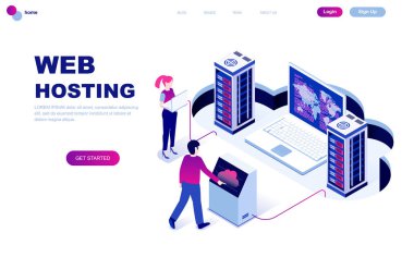 Modern düz izometrik tasarım Web Hosting Web sitesi ve mobil web sitesi geliştirme için insan karakterinin dekore edilmiştir. İzometrik açılış sayfası şablonu. Vektör çizim.