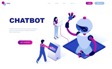Modern düz tasarım izometrik kavramı Chat Bot ve pazarlama web sitesi ve mobil web sitesi geliştirme için insan karakterinin dekore edilmiştir. İzometrik açılış sayfası şablonu. Vektör çizim.