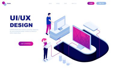 Modern düz tasarım Ux izometrik kavramı, UI tasarım insanlar karakter Web sitesi ve mobil web sitesi geliştirme için dekore edilmiştir. İzometrik açılış sayfası şablonu. Vektör çizim.