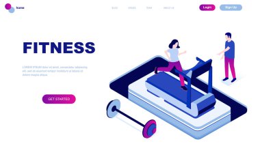 Modern düz tasarım izometrik Fitness kavramı insanların karakter Web sitesi ve mobil web sitesi geliştirme için dekore edilmiştir. İzometrik açılış sayfası şablonu. Vektör çizim.