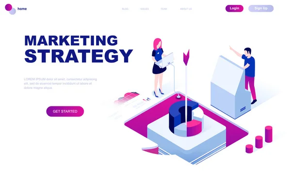 Moderno design piatto concetto isometrico di strategia di marketing decorato persone carattere per lo sviluppo di siti web e siti web mobile. Modello di pagina di destinazione isometrica. Illustrazione vettoriale . — Vettoriale Stock