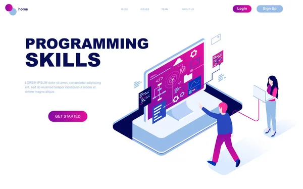 Moderne platte isometrische ontwerpconcept van programmering vaardigheden ingericht mensen teken voor website en mobiele websiteontwikkeling. Isometrische landing paginasjabloon. Vectorillustratie. — Stockvector