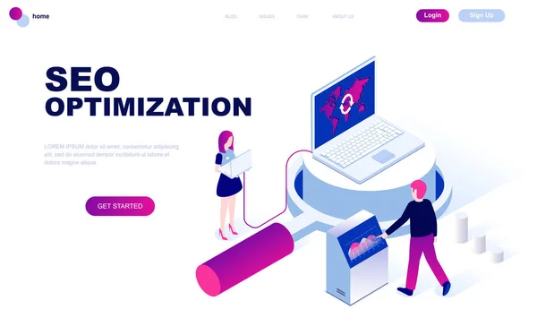 Moderní flat design izometrické pojem Seo analýzy zdobené lidí znak pro rozvoj mobilní webové stránky a webové stránky. Šablona stránky izometrické přistání. Vektorové ilustrace. — Stockový vektor