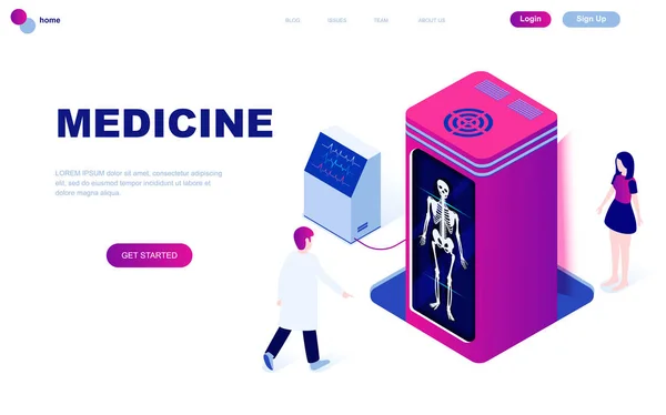 Modern lapos izometrikus koncepció az orvostudomány és az egészségügyi ellátás díszített emberek karakter, a weboldal és mobil weboldal fejlesztés. Izometrikus nyitóoldalt sablont. Vektoros illusztráció. — Stock Vector