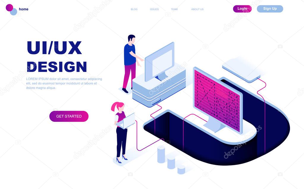 Modern flat design isometric concept of UX, UI Design decorated people character for website and mobile website development. Isometric landing page template. Vector illustration.