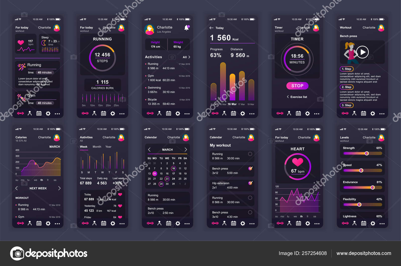 UI의 집합, Ux, Gui 화면 모바일 애플 리 케이 션에 대 한 피트 니스 애플 리 케이 션 평면 디자인 템플릿, 응답 웹사이트  와이어프레임. 웹 디자인 UI 키트입니다. 피트니스 대시보드. 스톡 벡터 - ©