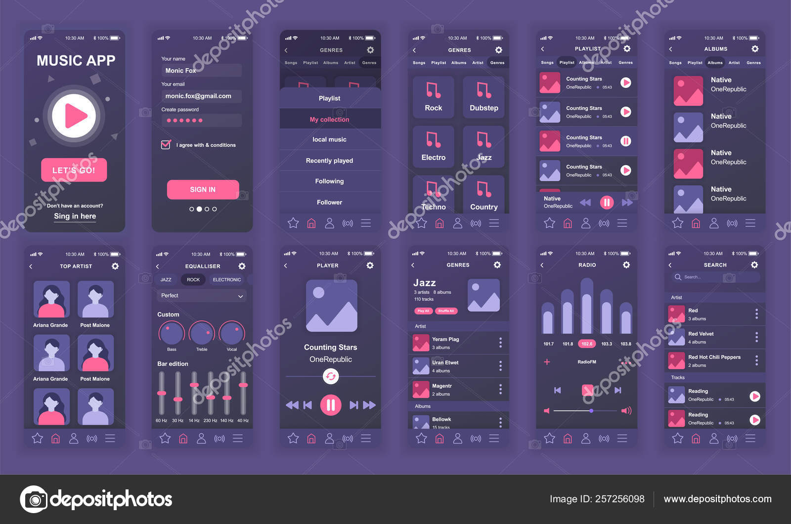 UI의 집합, Ux, Gui 화면 모바일 애플 리 케이 션에 대 한 음악 애플 리 케이 션 평면 디자인 템플릿, 응답 웹사이트  와이어프레임. 웹 디자인 UI 키트입니다. 음악 대시보드. 스톡 벡터 - ©