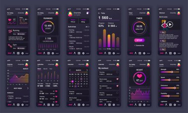 Ui, Ux, Gui ekranları Mobil uygulamalar, duyarlı web sitesi tel kafesleri için Fitness uygulaması düz tasarım şablonu ayarlayın. Web tasarım Ui kiti. Fitness Panosu.