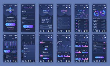 Ui, Ux, Gui ekranları Cryptocurrency uygulaması mobil uygulamalar için düz tasarım şablonu, duyarlı web sitesi tel kafesleri ayarlayın. Web tasarım Ui kiti. Cryptocurrency Panosu.