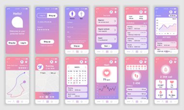 Ui, Ux, Gui ekranları Mobil uygulamalar, duyarlı web sitesi tel kafesleri için Fitness uygulaması düz tasarım şablonu ayarlayın. Web tasarım Ui kiti. Fitness Panosu.