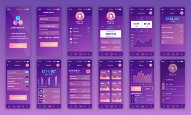 Ui, Ux, Gui ekranları Cryptocurrency uygulaması mobil uygulamalar için düz tasarım şablonu, duyarlı web sitesi tel kafesleri ayarlayın. Web tasarım Ui kiti. Cryptocurrency Panosu.