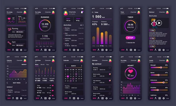 Set von UI, UX, Gui Bildschirme Fitness App flache Design-Vorlage für mobile Apps, reaktionsschnelle Website Wireframes. Webdesign ui kit. Fitness-Armaturenbrett. — Stockvektor