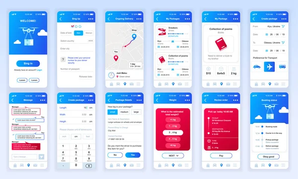 Conjunto de UI, UX, pantallas GUI Plantilla de diseño plano de aplicación de entrega para aplicaciones móviles, wireframes responsive sitio web. Kit interfaz de usuario de diseño web. Tablero de entrega . — Archivo Imágenes Vectoriales