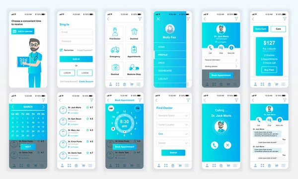 Conjunto de interfaz de usuario, UX, pantallas de interfaz gráfica Plantilla de diseño plano de la aplicación de medicina para aplicaciones móviles, wireframes responsive sitio web. Kit interfaz de usuario de diseño web. Tablero de medicina . — Vector de stock