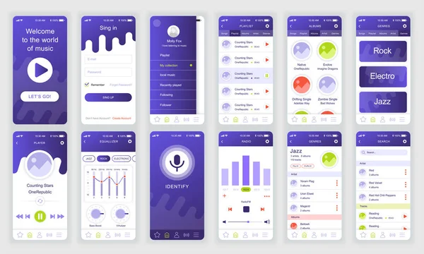 Zestaw UI, UX, ekrany GUI aplikacja Muzyka płaski szablon projektu dla aplikacji mobilnych, responsywnych stron internetowych. Web Design UI zestaw. Pulpit nawigacyjny muzyki. — Wektor stockowy